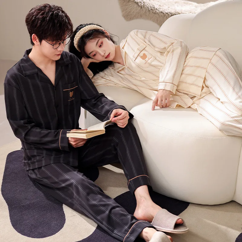 Couples Pijamas Set Cotton Women's Sleep Tops & Long Pant Sleepwear Spring Men Pajamas Set Female Male Home Clothing feminino summer pajamas set women sleepwear female casual viscose floral printed pyjamas tops with long trousers home clothing