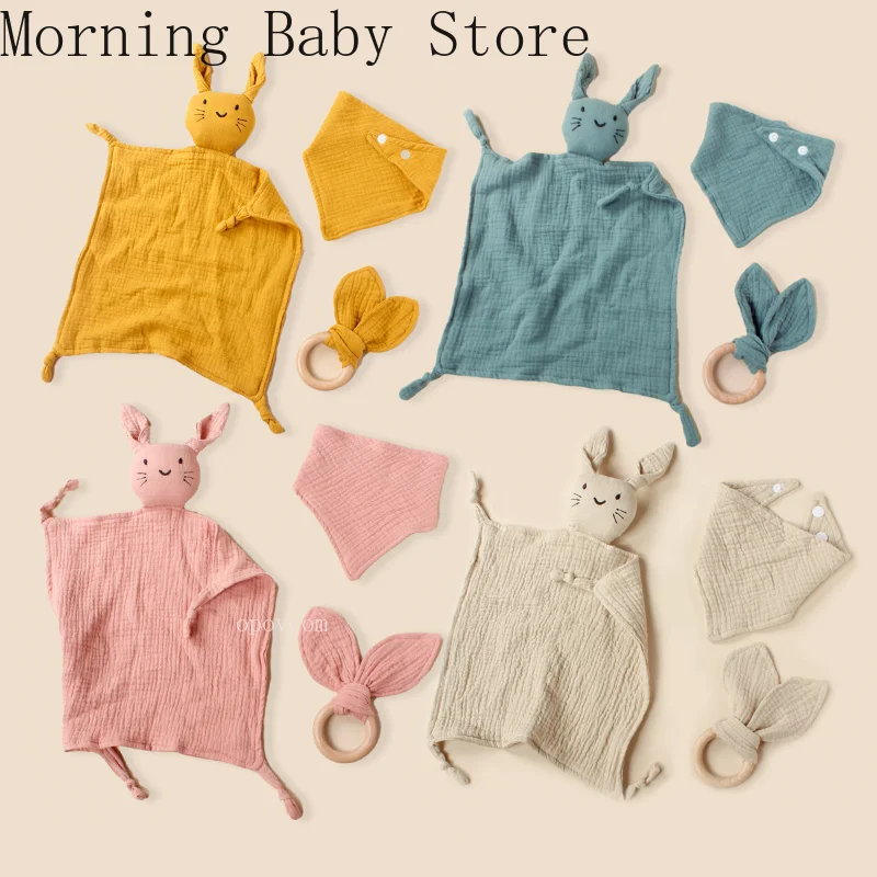 Double-layer Newborn Baby Cotton Cat Comforter Towel Set Baby Sleeping Doll Saliva Towels Beech Rabbit Bite Ring Teether