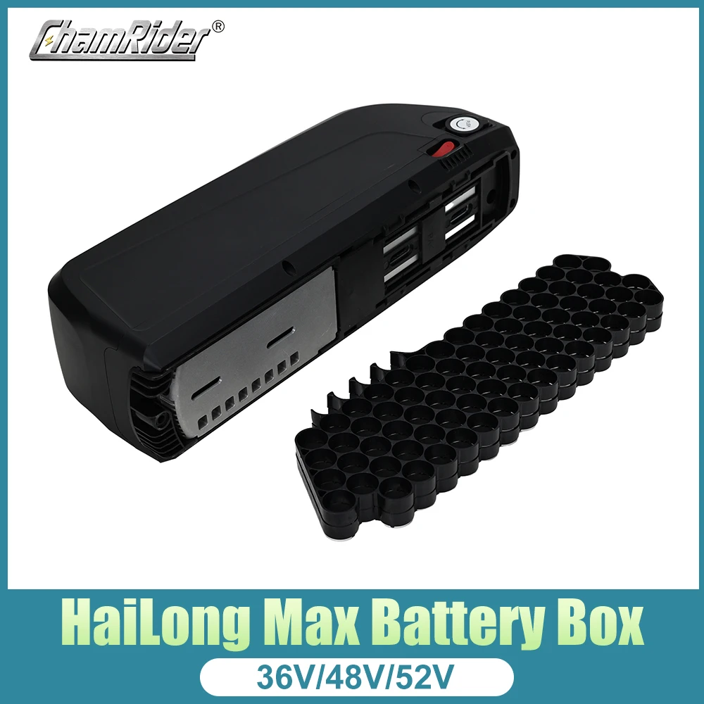 

Hailong MAX Electric Bike Battery Box, 36V 48V, 52V Downtube E-bike Battery Case, Box 10S8P, 13S6P, 14S6P, USB Port 18650 Cells