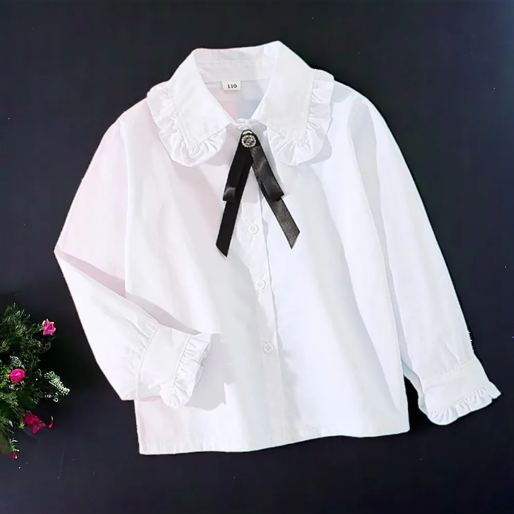 Spring Big Kids Girls Long-sleeve White School Lace Blouses Cotton Shirt