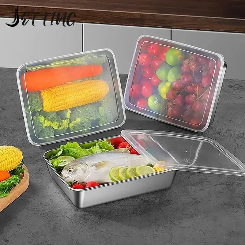 Food Storage Pan Stainless Steel Square Plate With Lid Rectangular Commercial Dish Tray Large Lunch Box Container