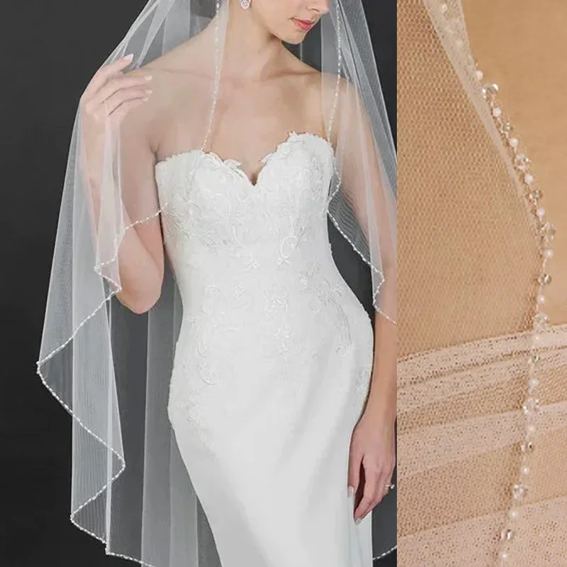 White Ivory Crystal Beaded Edge 1 Tier Fingertip Wedding Veils Bridal Accessories Soft Tulle Bridal Veil With Metal Comb