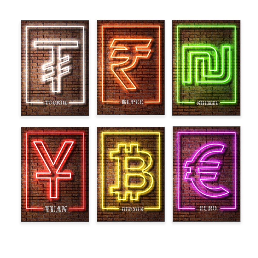 네온 효과 그래픽 인쇄 유로, 달러, 파운드, 엔, 비트코인, 루피, 이더리움, 태국 바트 표지판 인쇄 벽 장식 포스터 -  AliExpress