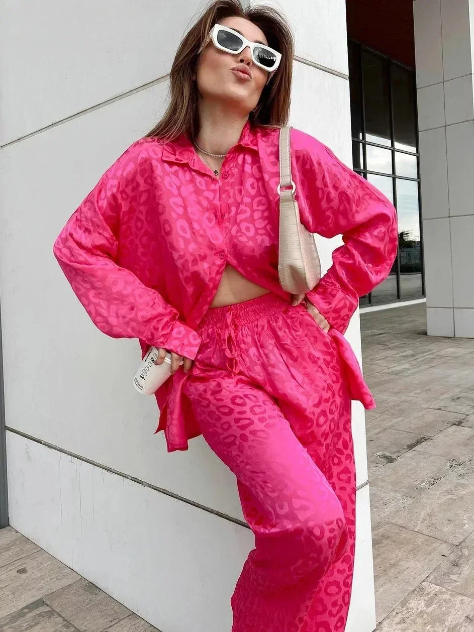 White Satin Wide Leg Trousers Suit for Women 2024 Spring Office Leopard Print Two-piece Set Home Tracksuit Women's Pajamas Sets