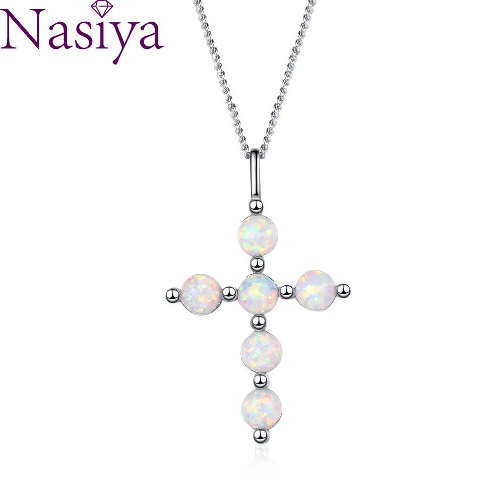 

925 Sterling Silver Necklace Cross Shaped Opal Pendant Necklace Classic Fine Jewelry Women Anniversary Party Gift