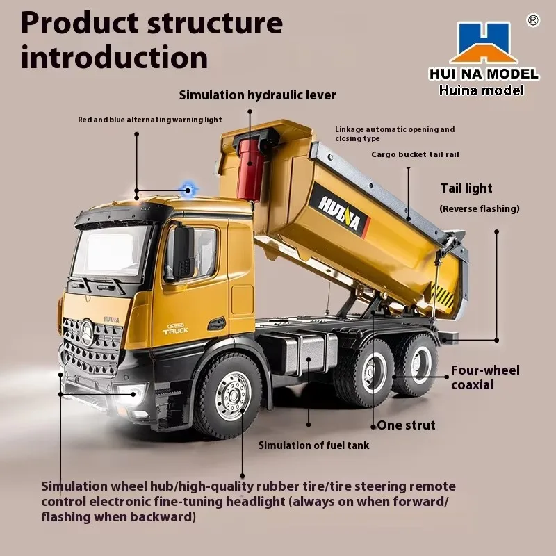 Huina 1573 1:14 10ch Remote-controlled Alloy Dump Truck Excavator 2.4g Wireless Remote-controlled Rtr Engineering Vehicle Toy 2