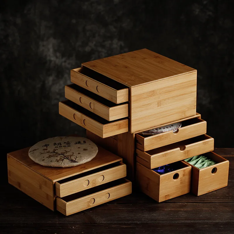 Bamboo Tea Box Puerh Tea Cake Box Simple Storage Organizer Multi-layer Leaf Boxes Home Gift