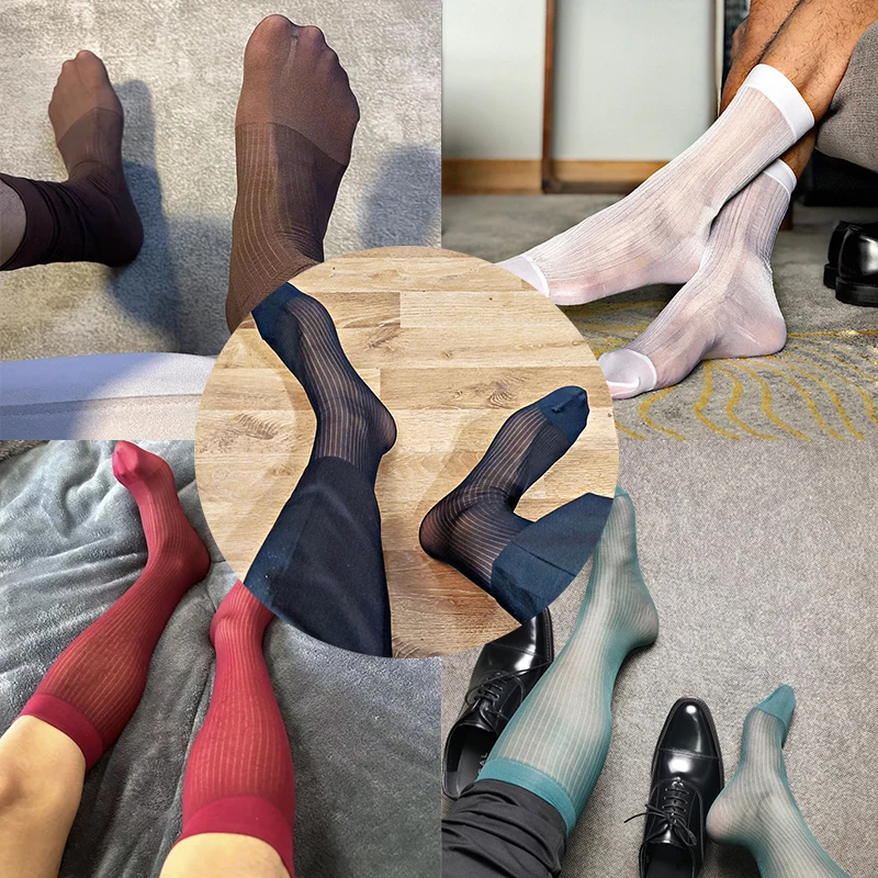 5Pairs Formal Suit Wear Tube Socks Men's  Sheer Stocking Business Dress Stockings Sheer Exotic Sexy Socks See Through
