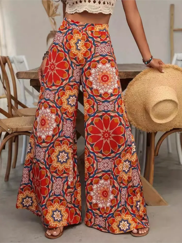 Summer New High Waist Printed Wide Leg Casual Pants Women's
