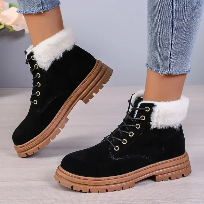 2023 New High Quality Shoes Female Lace Up Women's Boots Winter Round Toe Flock Plush Warm Mid Heel Casual Naked Boots Shoes