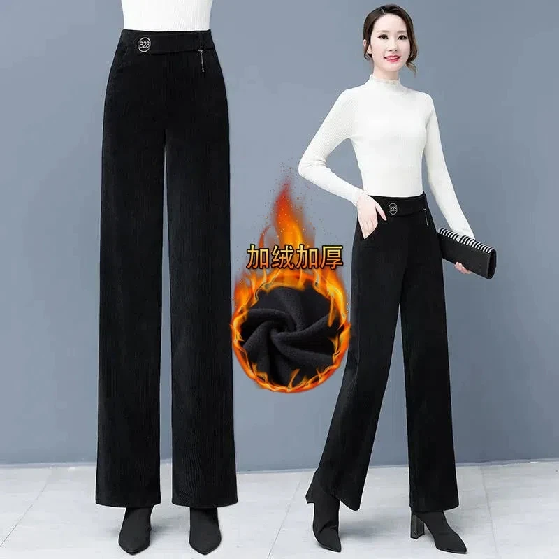 

Autumn Fashion Velvet Baggy Pantalon Elegant Winter Thick Corduroy Pants Women Office Work Warm Elastic High Waist Wide Leg Pant