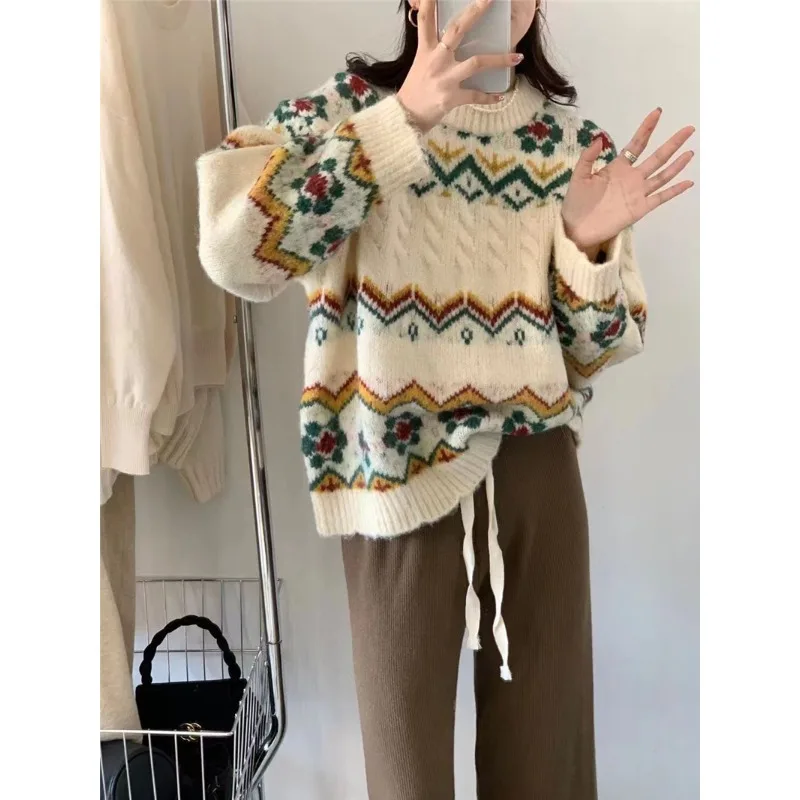 

Autumn and Winter New Art Retro Jacquard Sweater Women's Lazy Style Thickened Soft Glutinous Knitwear Trend