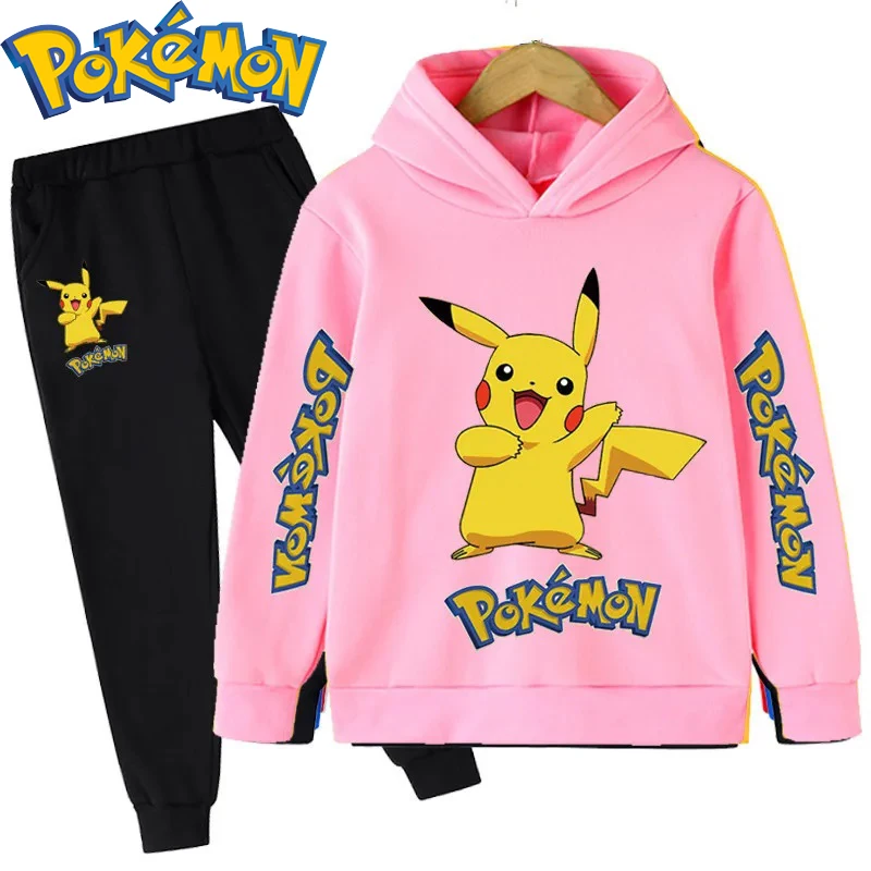 Pokemon Cartoon Anime Hoodies Pikachu Boy Girl Hoodie Suit Cotton Kids Hooded Sportswear Set Pants Boys Clothes Christmas Gifts