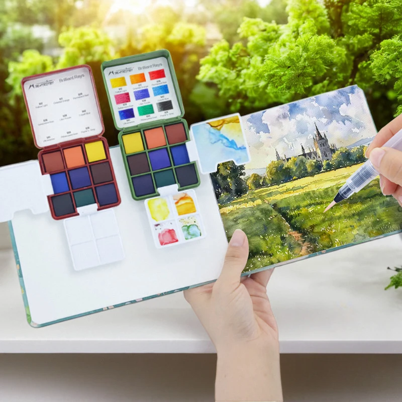 Travel Solid Watercolor Set Transparent Watercolor Paint 9 Colors Portable Sketching Painting Tool with Palette Washing Bucket