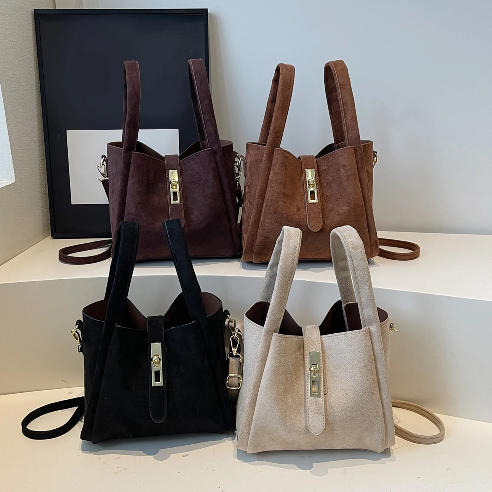 Faux Suede Bucket Bag Hasp Closure Top Handle Handbag Lightweight Storage Basket Solid Color for Women Travel Shopping