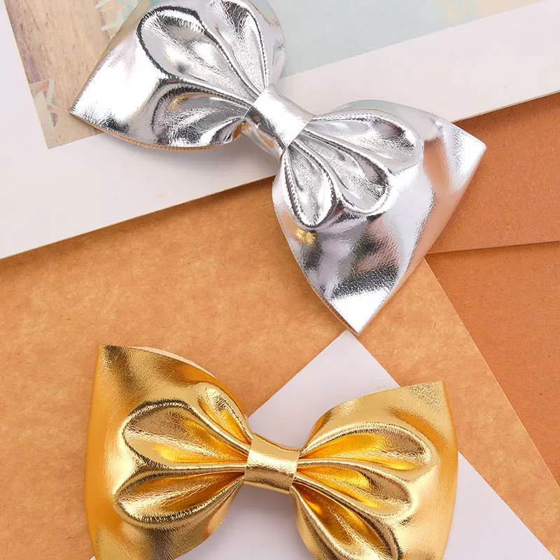 2Pcs Vintage Gold Hairpin Handmade PU Bow Hair Clips Kids