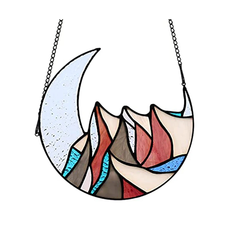 

BMBY-Mountain With Moon Stained Window Hanging,Snow Mountain Decorations Suncatcher For Window,Moon Mountain Decor Gift