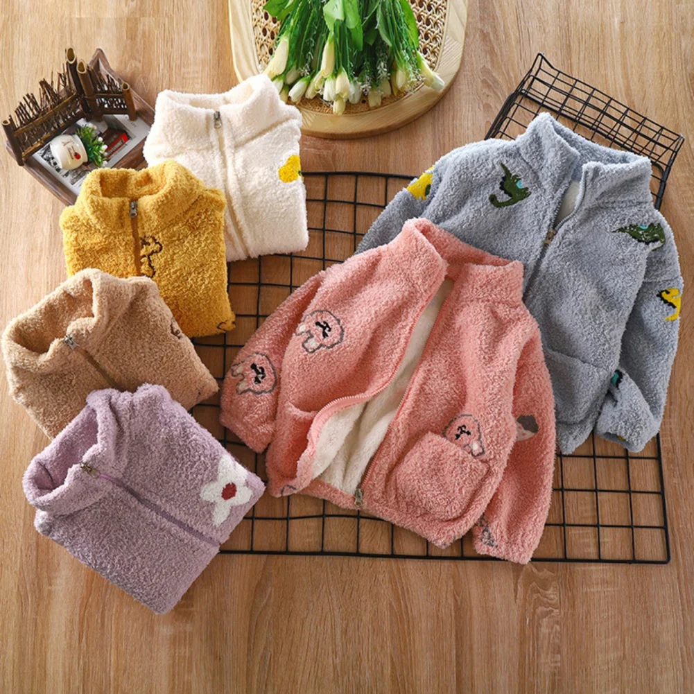 Kids Winter Coats Children Solid Cartoon Print Warm Fleece Jacket Casual Comfortable Plush Zipper Closure Outerwear 1-12Y girls winter coat,girls outerwear