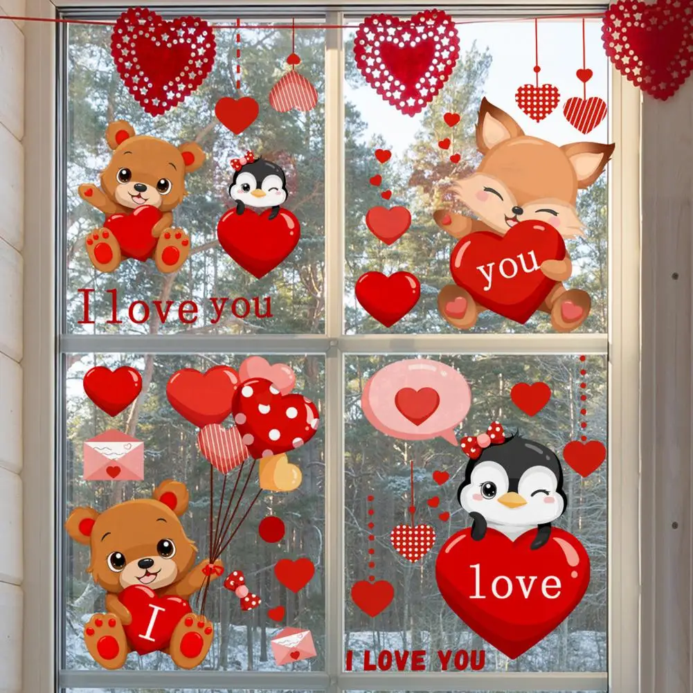 Valentine Day Electrostatic Decal Valentine Day Window Stickers Valentine's Window Sticker Set Cute Cartoon Bear for Holiday