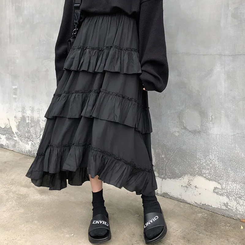 HOUZHOU Black Long Skirts Women Gothic High Low Ruched Ruffle High Waist Asymmetrical Midi Skirt Korean Fashion Fairy Grunge