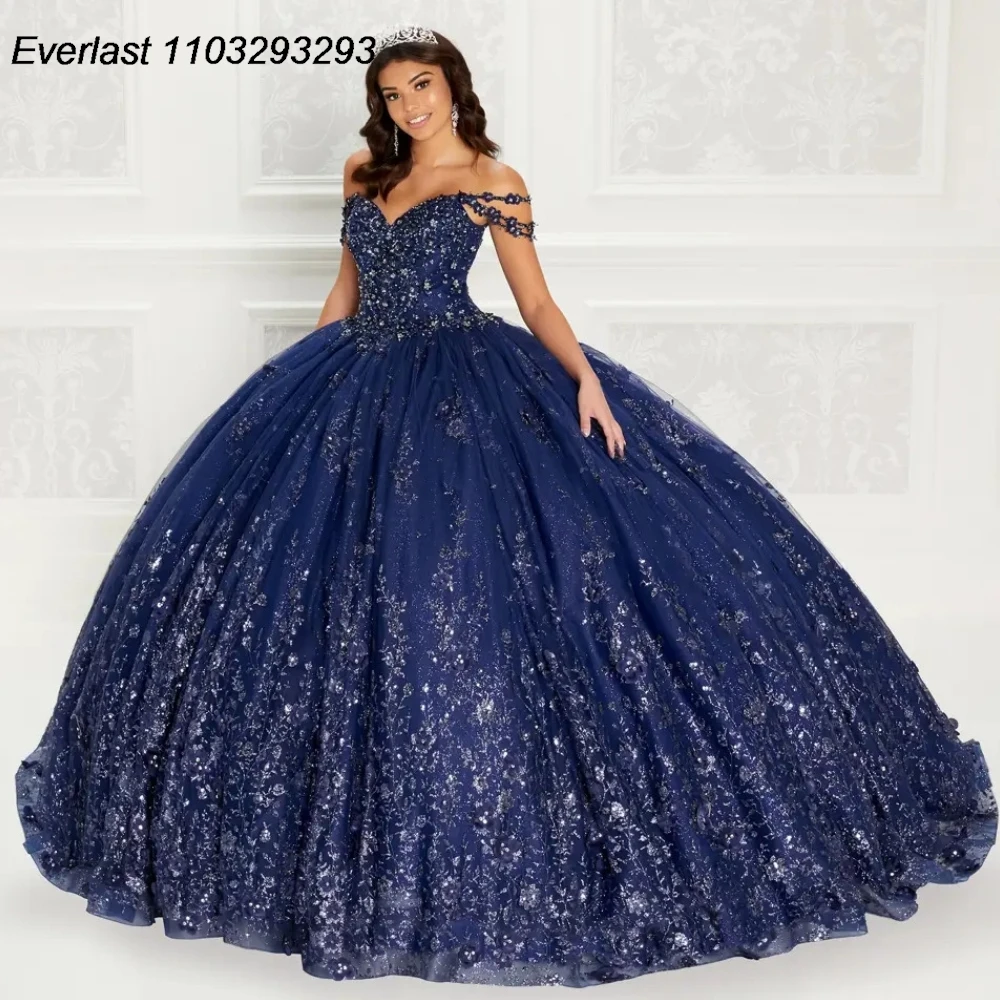 

EVLAST Shiny Navy Blue Quinceanera Dress Ball Gown Lace Applique Beading Crystal Off Shoulder Sweet 16 Vestido 15 De Años TQD213