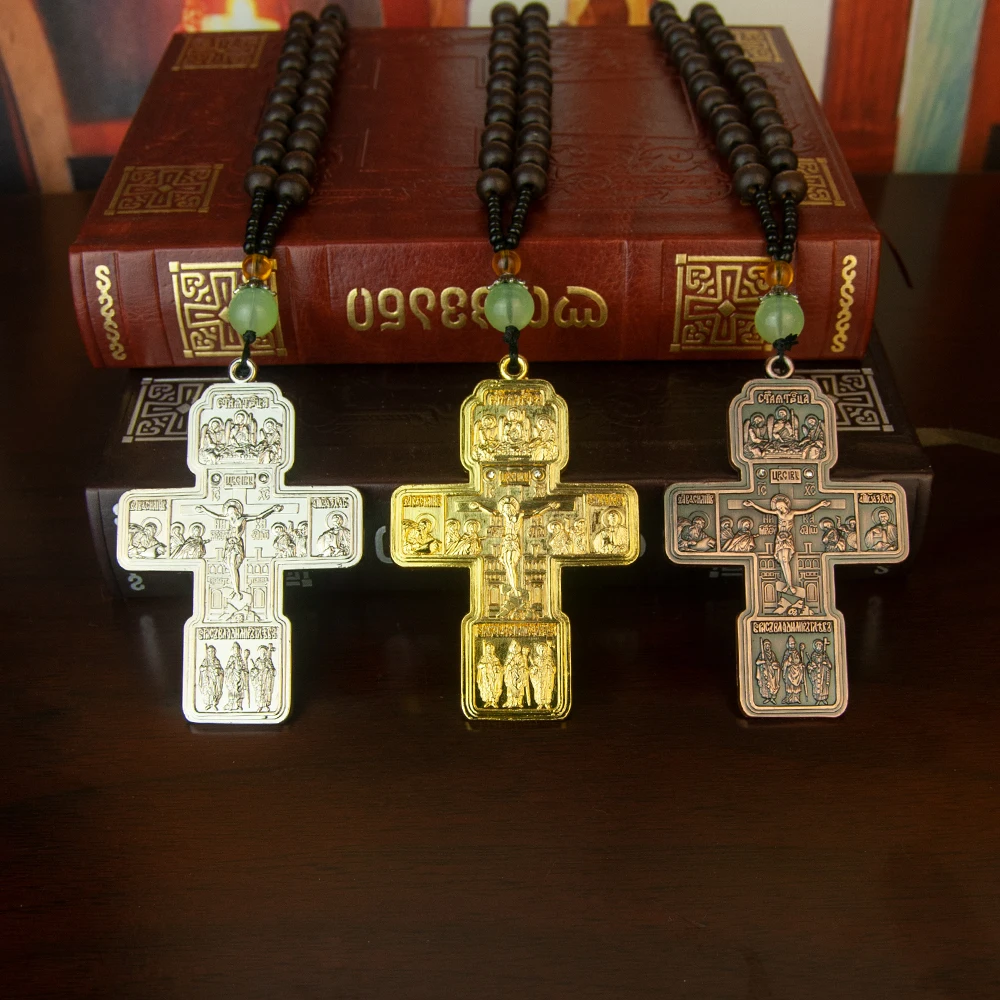HTISOK Orthodox Necklace With Wooden bead chain Crucifix Gold Wooden Rosary Beaded Chain Religious Jesus Prayer Jewelry