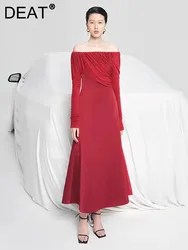 DEAT Elegant Dress Slash Neck Spliced Velvet Long Sleeve Slim Waist Split Women's Party Dresses 2024 Spring New Fashion 13DB4252