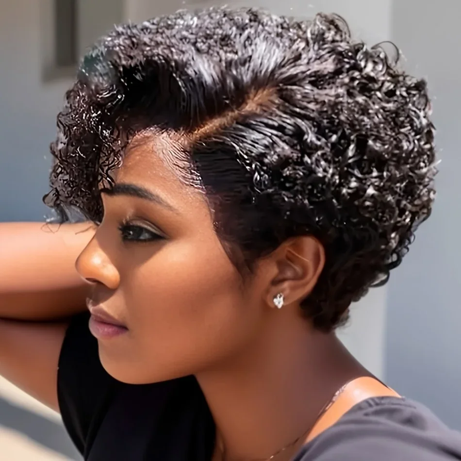 Pixie Coupe Perruque Cheveux humains 13×4 Perruques frontales dentelle Perruques Bob bouclées femmes Cheveux naturels brésiliens