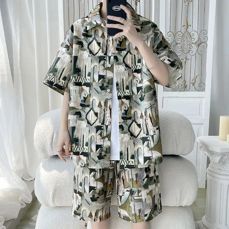 2024 Elegant Fashion Harajuku Slim Fit Ropa Hombre Loose Casual Sport All Match Shorts Button Middle Sleeve Blusa Two Piece Set