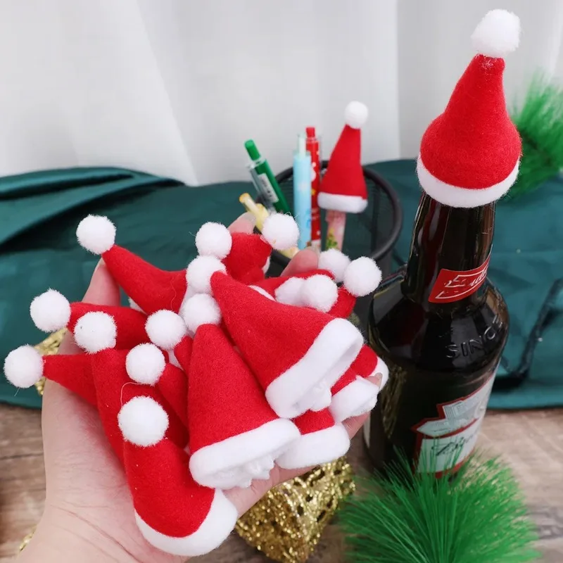 Mini Santa Hat Wine Bottle Covers Non-Woven Fabric Lollipops Caps Christmas Bottles Holder Kitchen Tableware Dinner Decoration