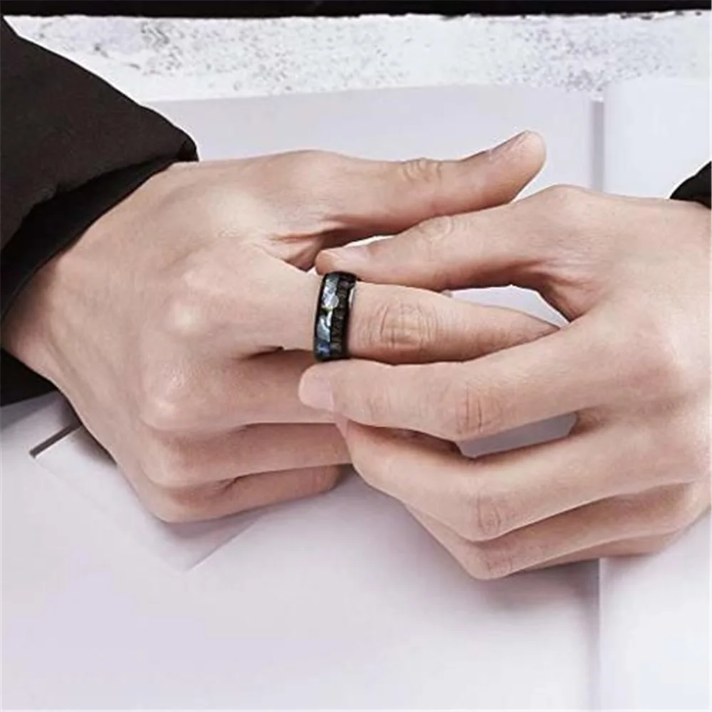 8mm Men Black Stainless Steel Ring Hawaiian Koa Abalone Shell Inlay Engagement Rings For Men Women Wedding Band Jewelry wedding rings finger rings womens ring jewelry rings ring jewelry couple rings