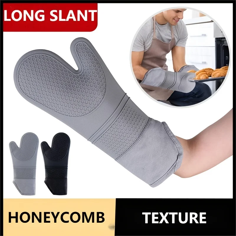 Silicone Oven Hot Mitts, Extra Long Professional Baking Oven Gloves , Quilted Liner- Food Safe,Pot Holders Cooking,Kitchen