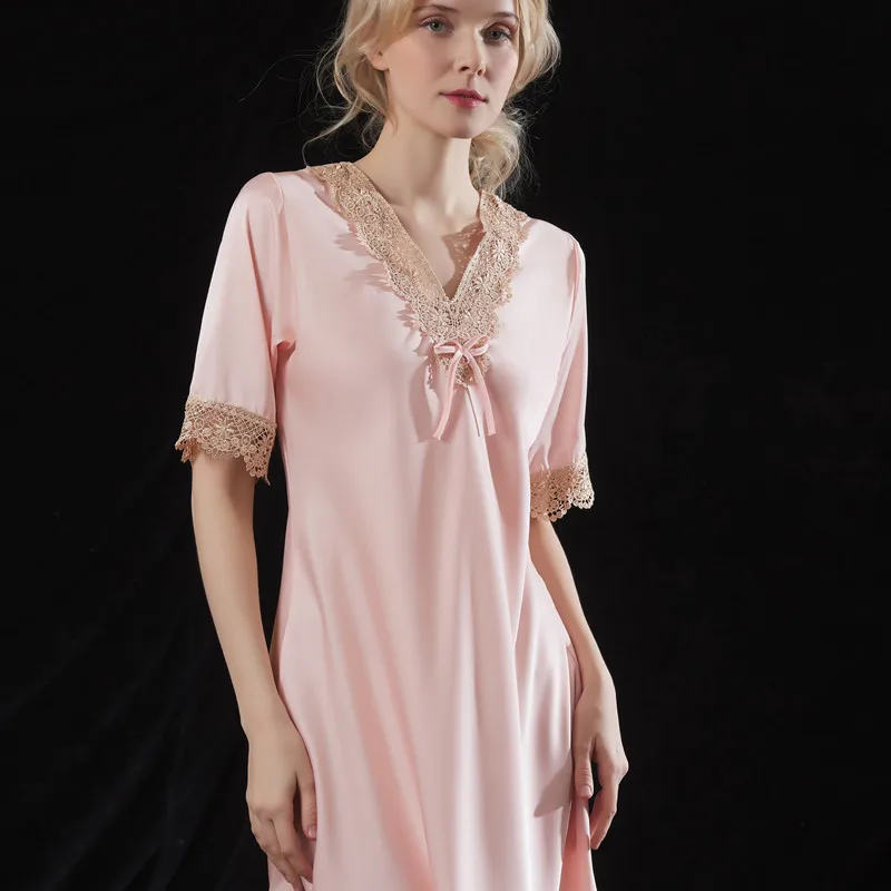 New Spring and Summer Silk Nightdress Homewear Sexy Lace Pajamas Soft Satin Silk Short Sleeve Dress