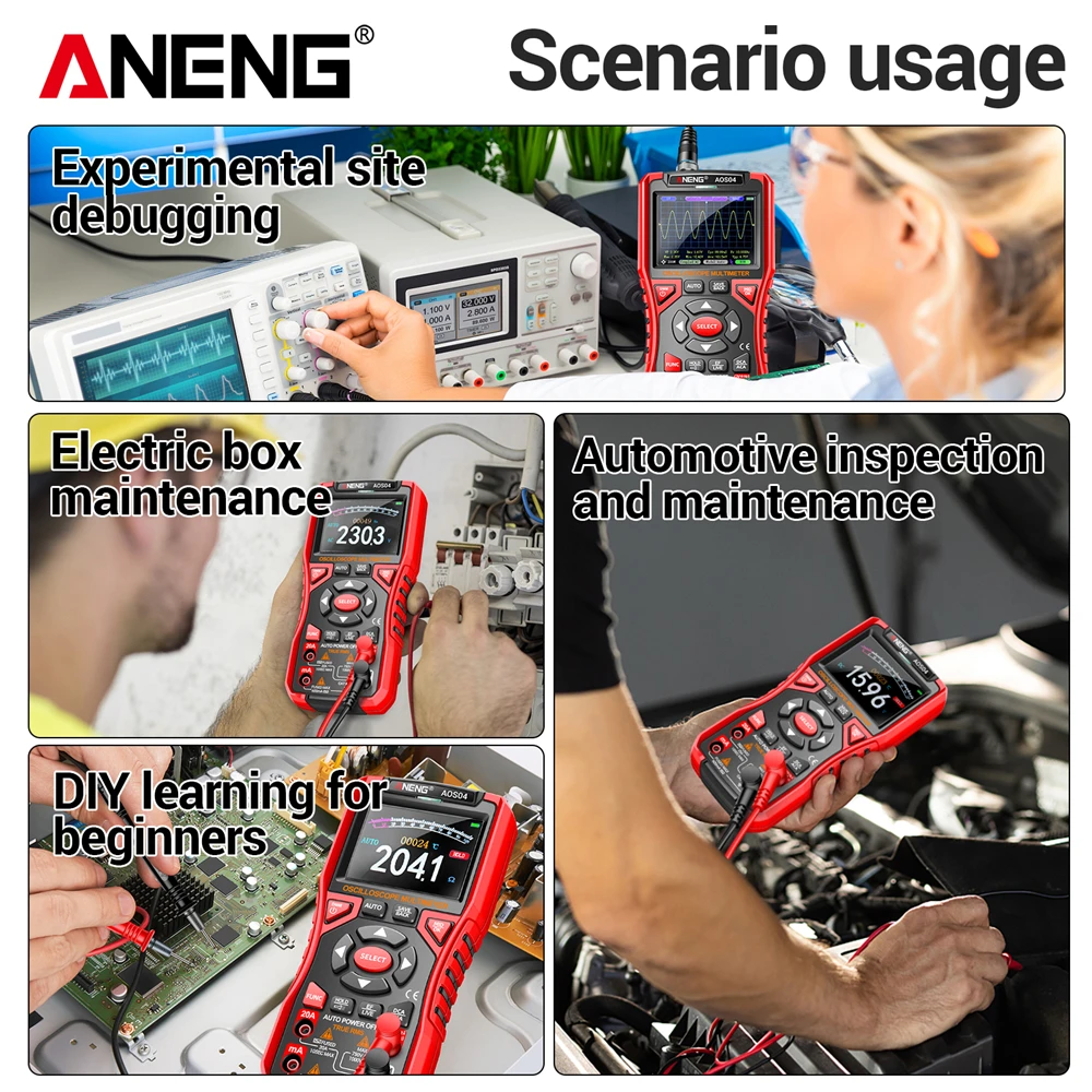 ANENG AOS04 Digital Oscilloscope Smart Multimeter 50MS/s Sampling Rate 10Mhz Bandwidth Support Waveform Storage Tester Tool
