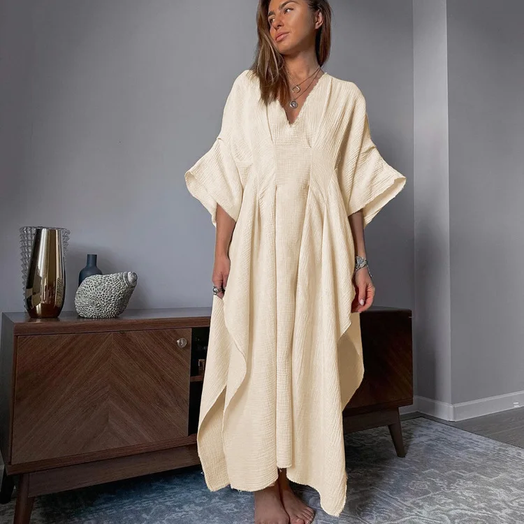 2025 New Cotton Crinkled V-neck Robe Long Dress Loose Breathable Summer  Short-sleeve Casual Beach Dress Women's Vestidos - AliExpress 200000345