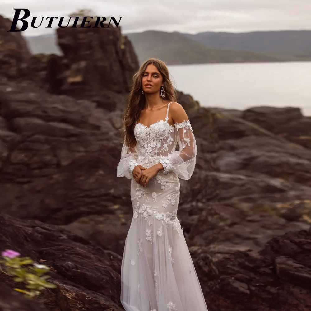 

BUTUIERN Sexy Appliques Wedding Dress Sweetheart Spaghetti Straps Lace Mermaid Floral Bridal Gown With Sweep Train Customised