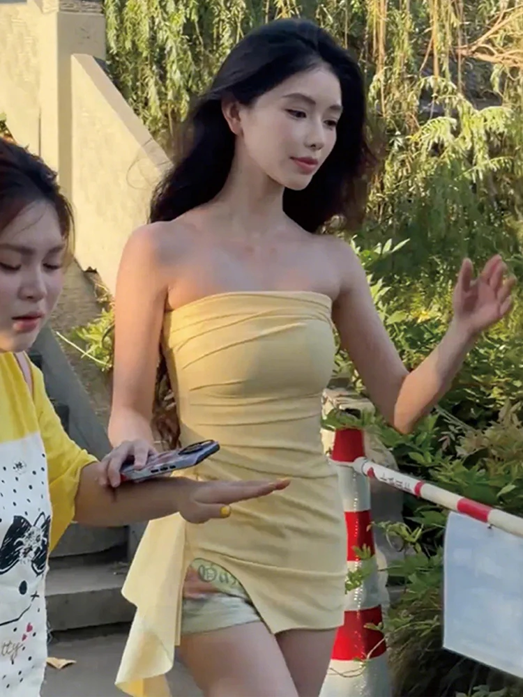 Nibber Ruched Irregular Hem Dress Women Sleeveless Slit Stretch Skinny Beach Vacation Midnight Party Club Chic Sexy Mini Bodycon