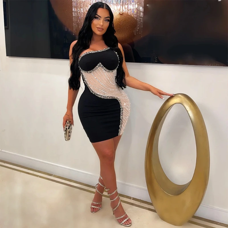

Hot Rhinestones Patchwork Sheer Mesh Midi Dress Women Sexy Sleeveless Birthday Party Clothing Chic Evening Bodycon Vestidos