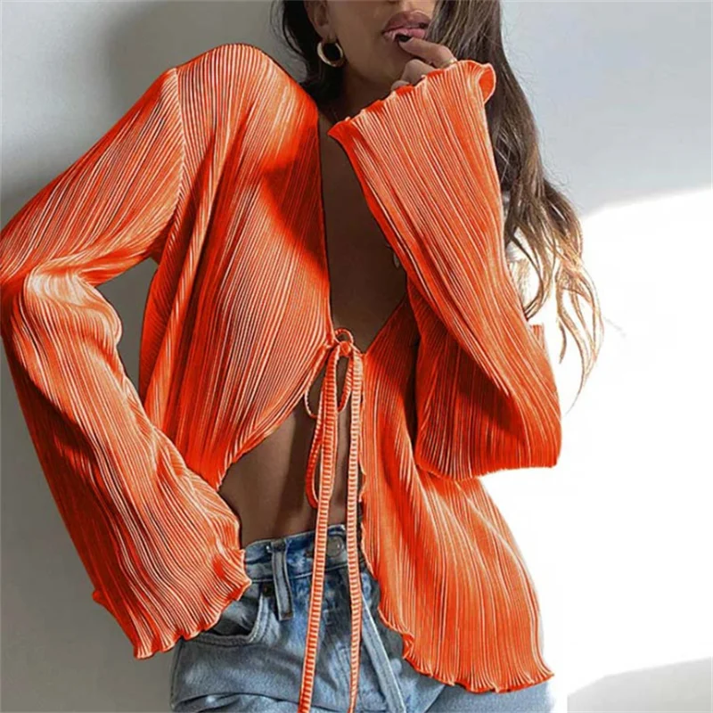 

Women Cardigan Spring Autumn Long Flare Sleeve Lacing Solid Color Deep V neck Loose Shirts Tops for Casual Party