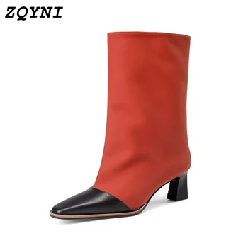 2022 microfiber and cowhide boots women's mid-calf shoes stiletto pointed toe sexy women's boots 1