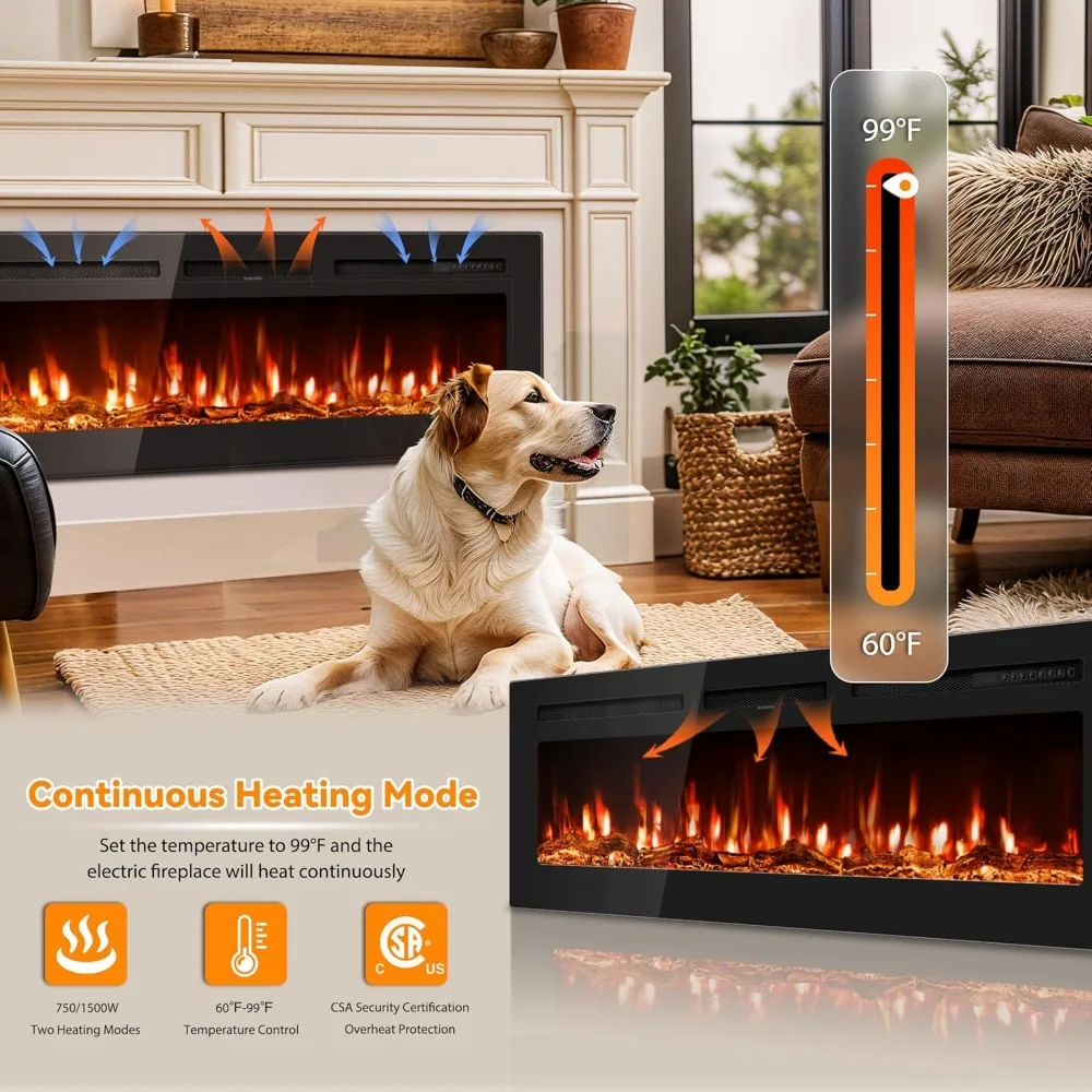 Electric Fireplace in-Wall Recessed and Wall Mounted with Remote Control, 1500/750W Fireplace Heater 3