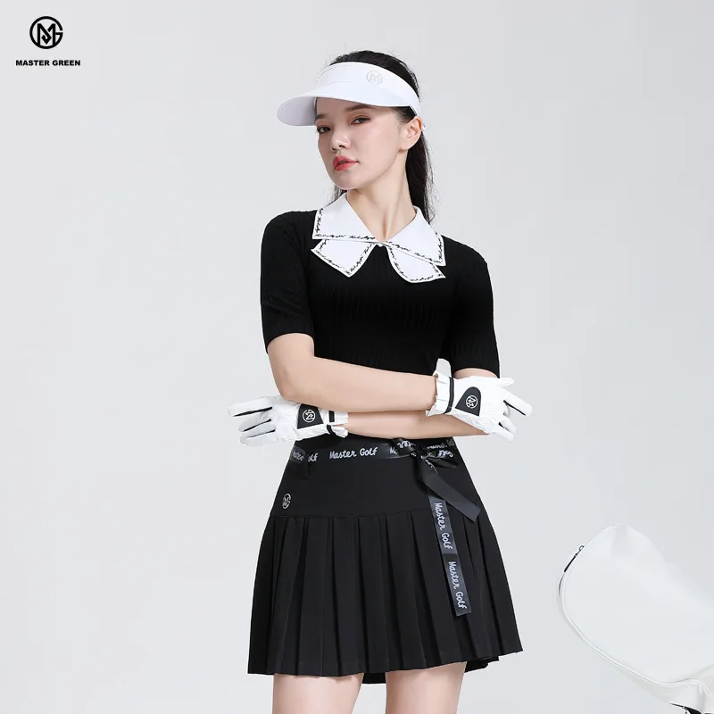 MG Golf Women's Korean Knit Tops Summer Pleated Skirt Lady Sports Short Sleeve Lapel T-Shirt Bowknot Slim Skorts Suit