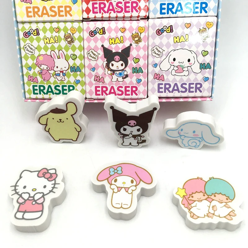 

Authentic Sanrio Cartoon Eraser 12/24pcs Pochacco Hello Kitty Kuromi Kawaii Stationery Pupil Cute Clean Less Debris Eraser Boxed