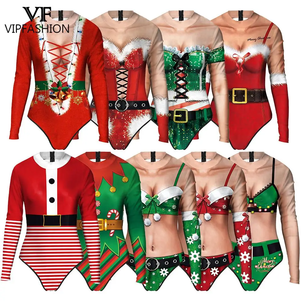 VIP FASHION Christmas Elf Costume Women Santa Claus Bodysuit 3D Print Zentai Suit New Year Sexy Swimsuit Fancy Holiday Dress Up cosplay costume adult unitard