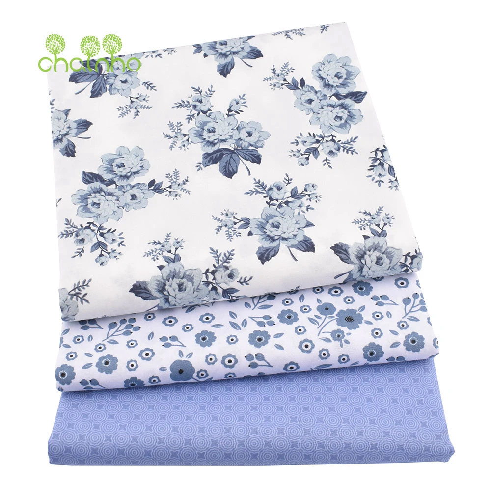 Chainho,Blue Floral Series Printed Twill Cotton Fabric,Patchwork Cloth,DIY Sewing Quilting Home Textiles Material For Baby&Child