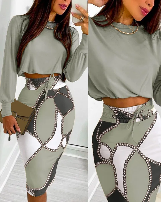 2024 Two Piece Set for Womem Casual Floral Graphic Print Crop Top and Drawstring Slit Skirt Set Y2K Clothing Elegant Commuting