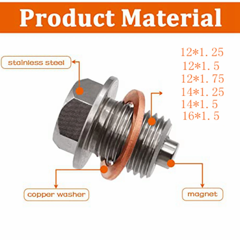 Oil Drain Plug Magnetic 304 Stainless Steel with Copper Gasket 12/14/16 1.25 1.5 1.75