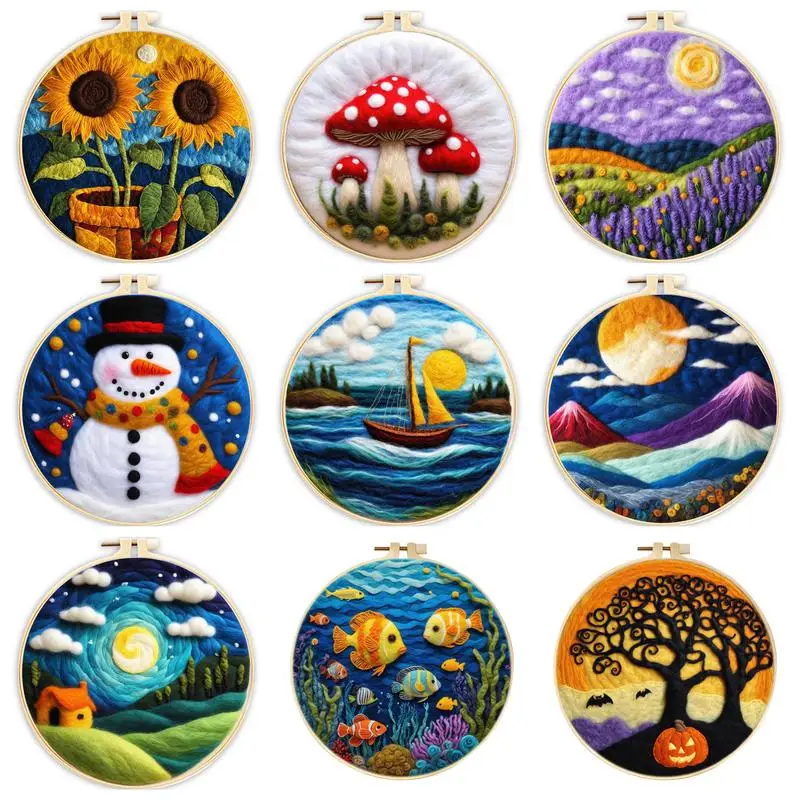 Diy Wool Needle Felt Painting Kits Mushroom Needle Felting Beginner Kits Mountain Complete Felting Tools Sunflowers 20x20 for needle felting kit,wool felting kit,needle felting painting kit