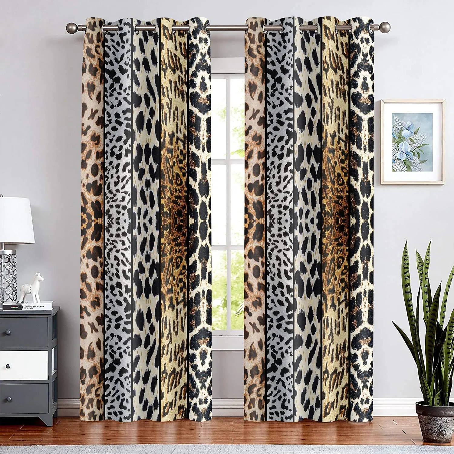

Wild Animals Print Curtain, Room Darkening Thermal Insulated Thin Shading Leopard Boa Window Drapes with Grommets for Living Din