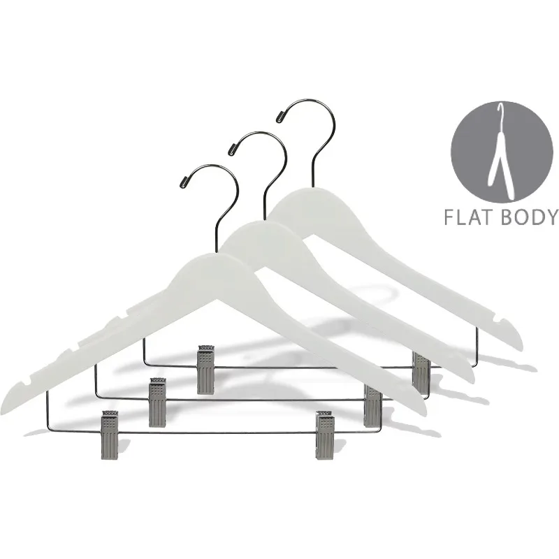 

White Wood Combo Hanger w/ Cushion Clips, (Box of 50) Space Saving 17 Inch Flat Wooden Hangers w/ Chrome Swivel Hook